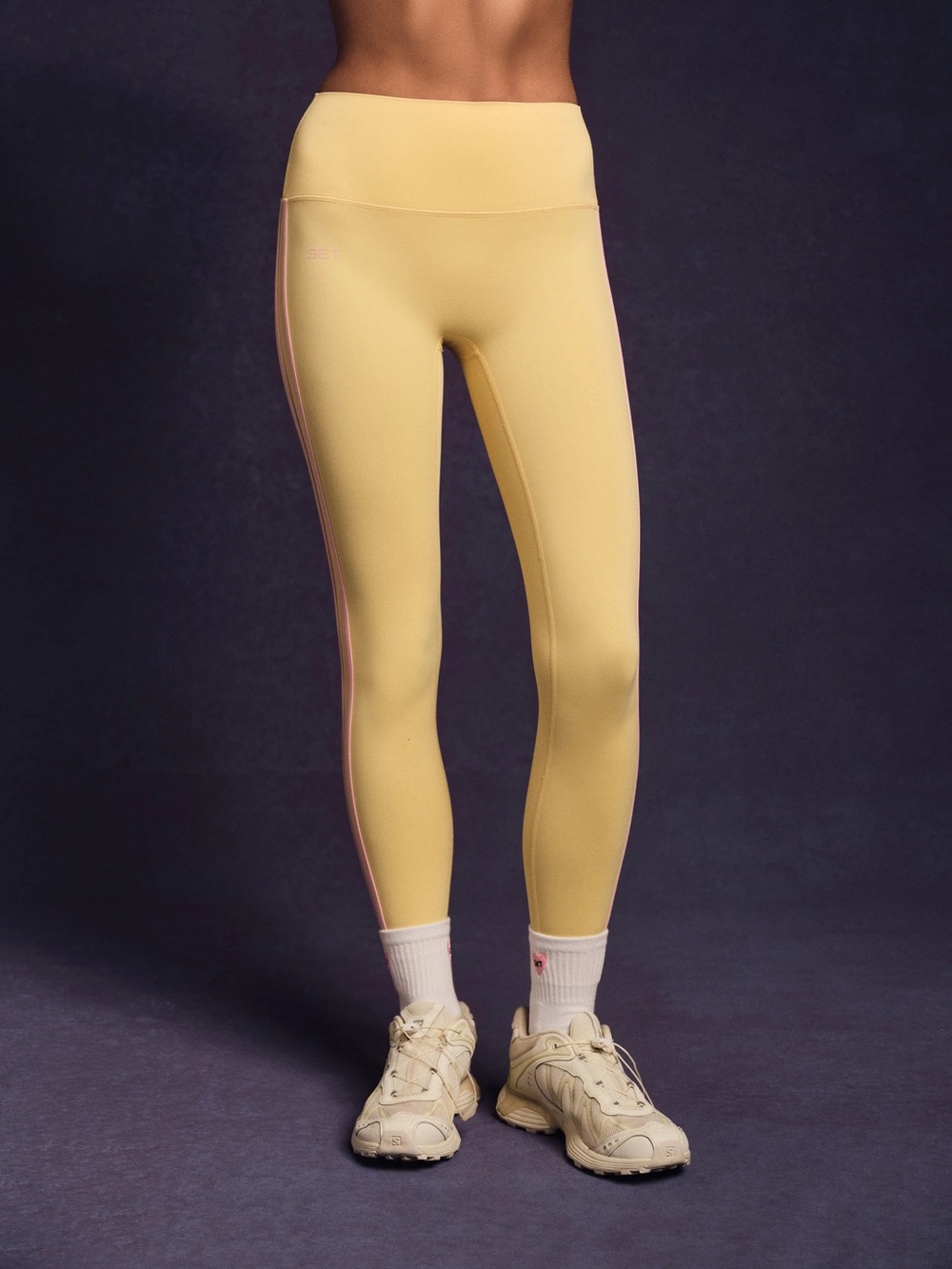 SET Active Yellow High-Rise Leggings with Pink Side Trim